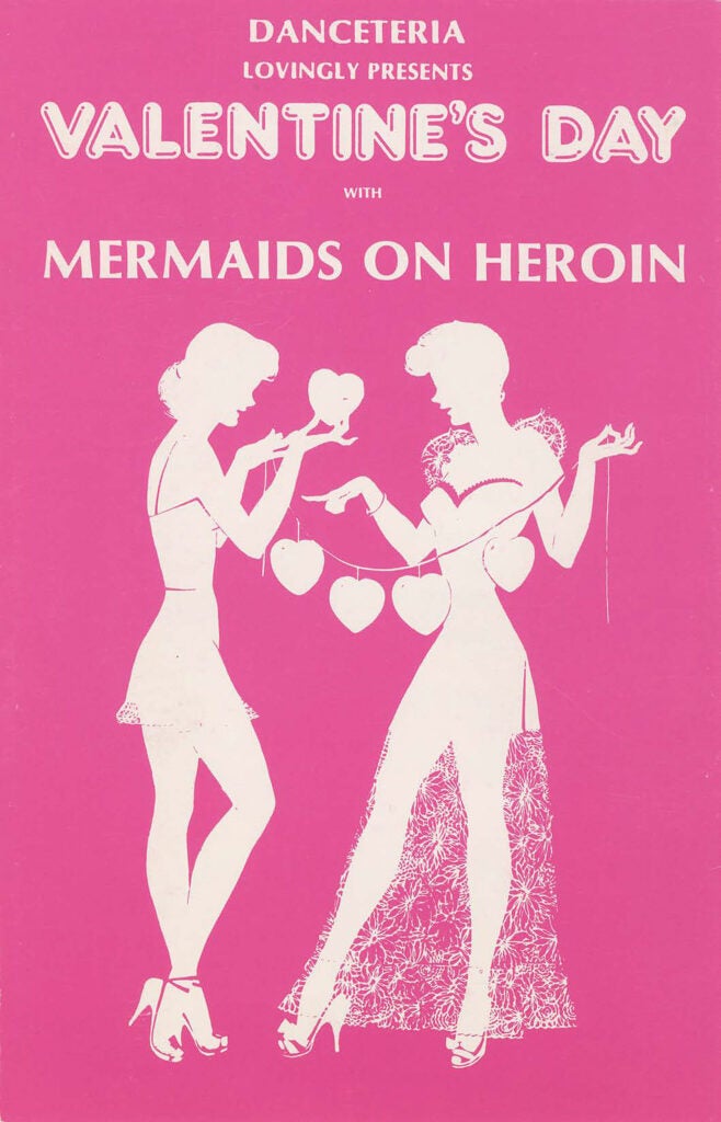 Pink flyer for Mermaids on Heroin and Valentine's Day show at Danceteria.