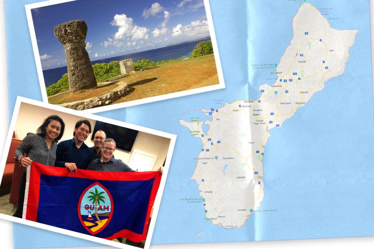 A collage with a map of Guam, a picture of a beach, and Kristin holding up the Guam flag