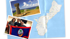 A collage with a map of Guam, a picture of a beach, and Kristin holding up the Guam flag