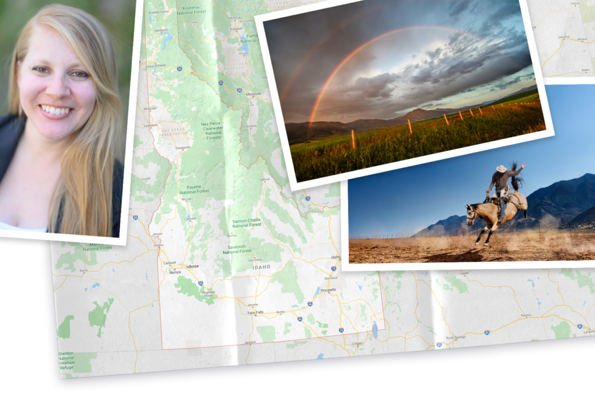 A collage of picture of Idaho and Rebecca on top of a map of Idaho