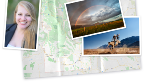A collage of picture of Idaho and Rebecca on top of a map of Idaho