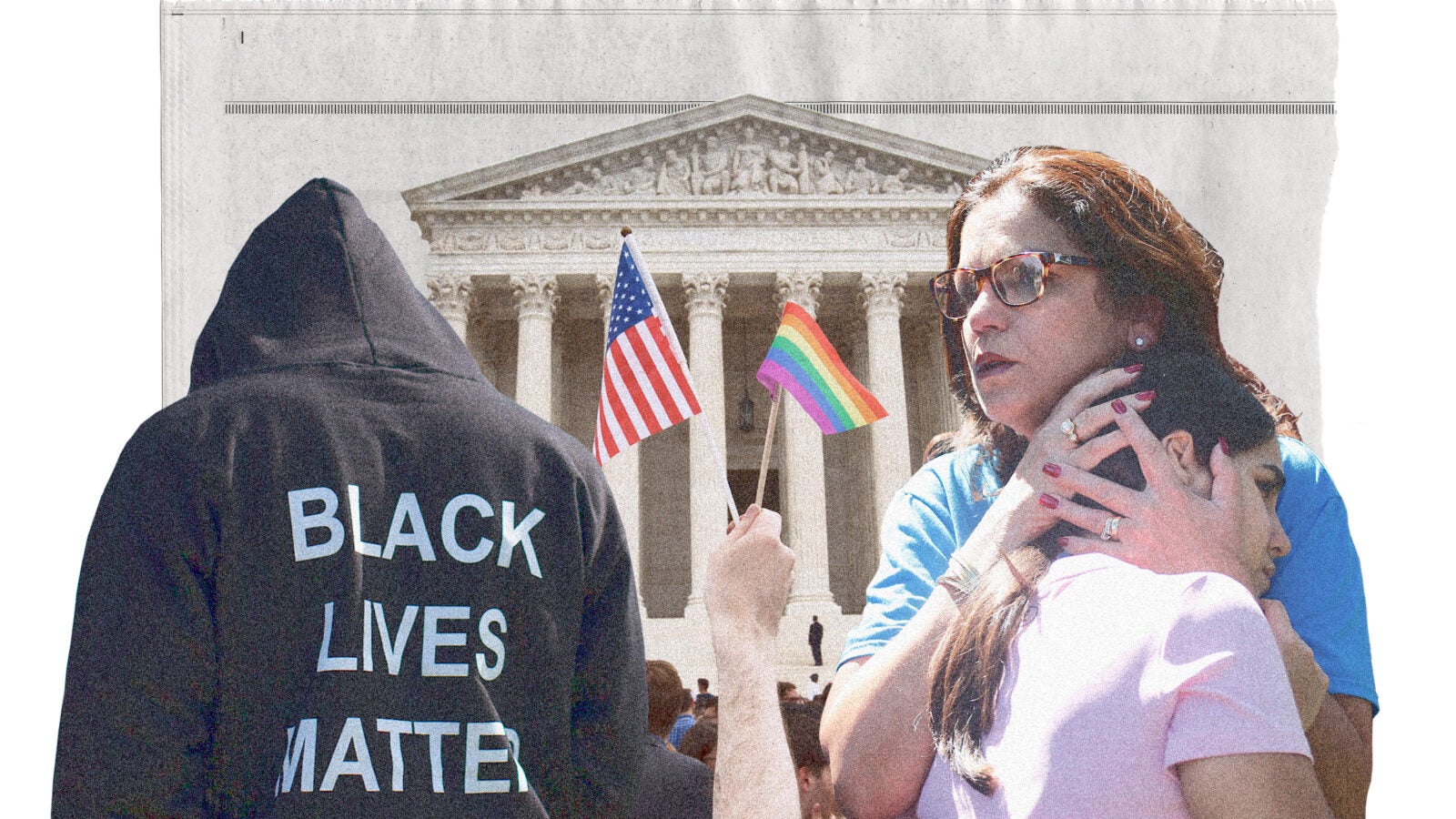 Photo illustration of rainbow pride flag and American flag waved by protester outside Supreme Court; man wearing Black Lives Matter shirt; mother holding child after school shooting.