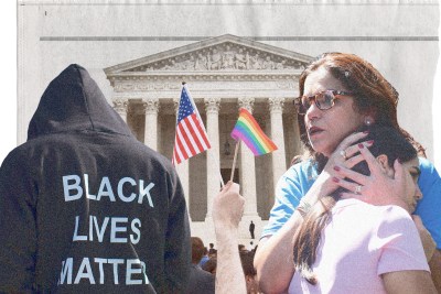 Photo illustration of rainbow pride flag and American flag waved by protester outside Supreme Court; man wearing Black Lives Matter shirt; mother holding child after school shooting.