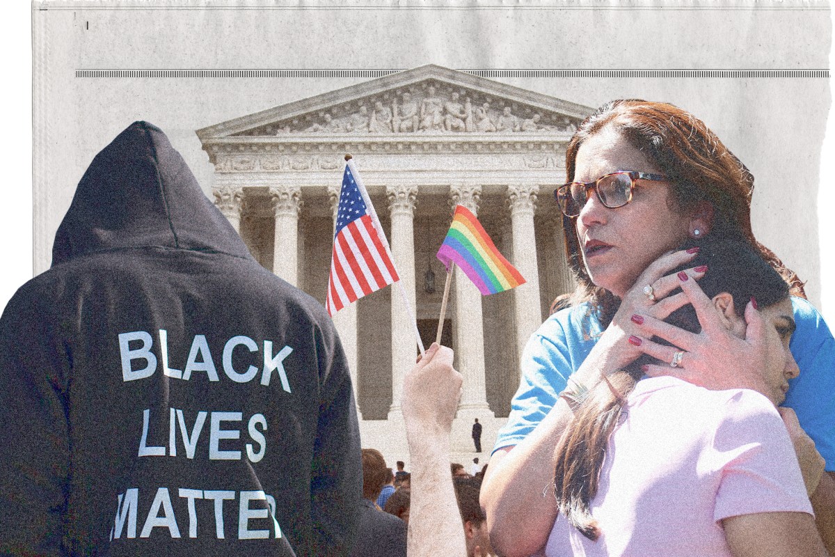 Photo illustration of rainbow pride flag and American flag waved by protester outside Supreme Court; man wearing Black Lives Matter shirt; mother holding child after school shooting.