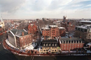Overview of Harvard Yard with snow