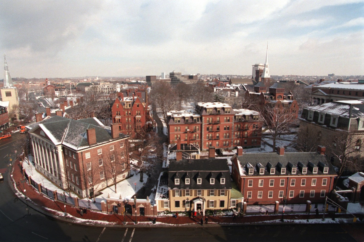 Overview of Harvard Yard with snow