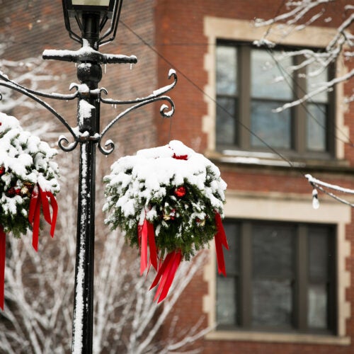 Snow on wreaths.