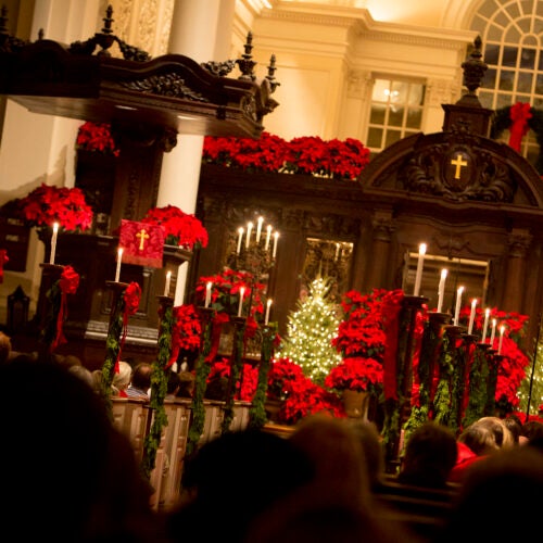 Memorial Church decorated for Christmas.