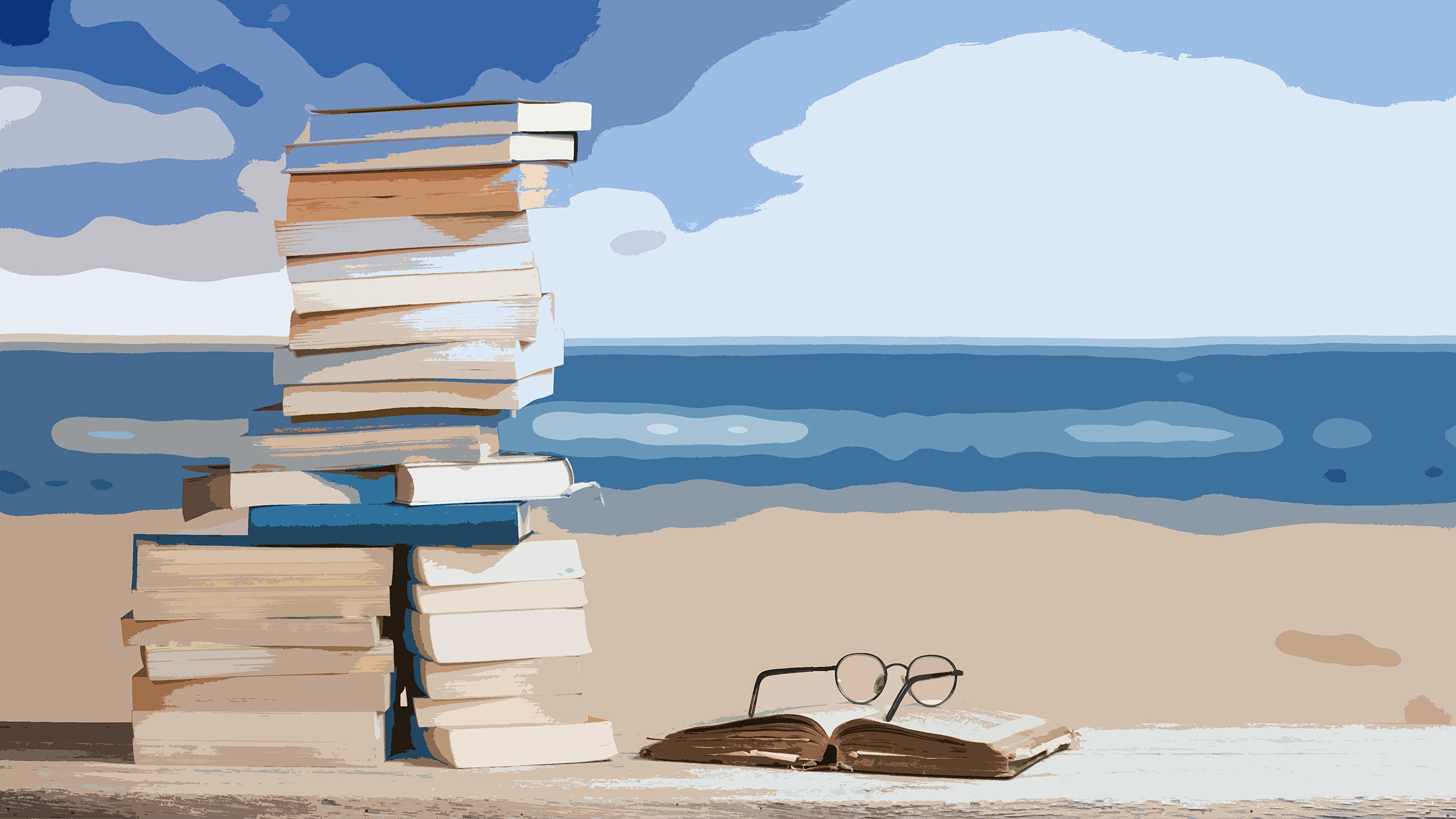 Stack of books on a beach.