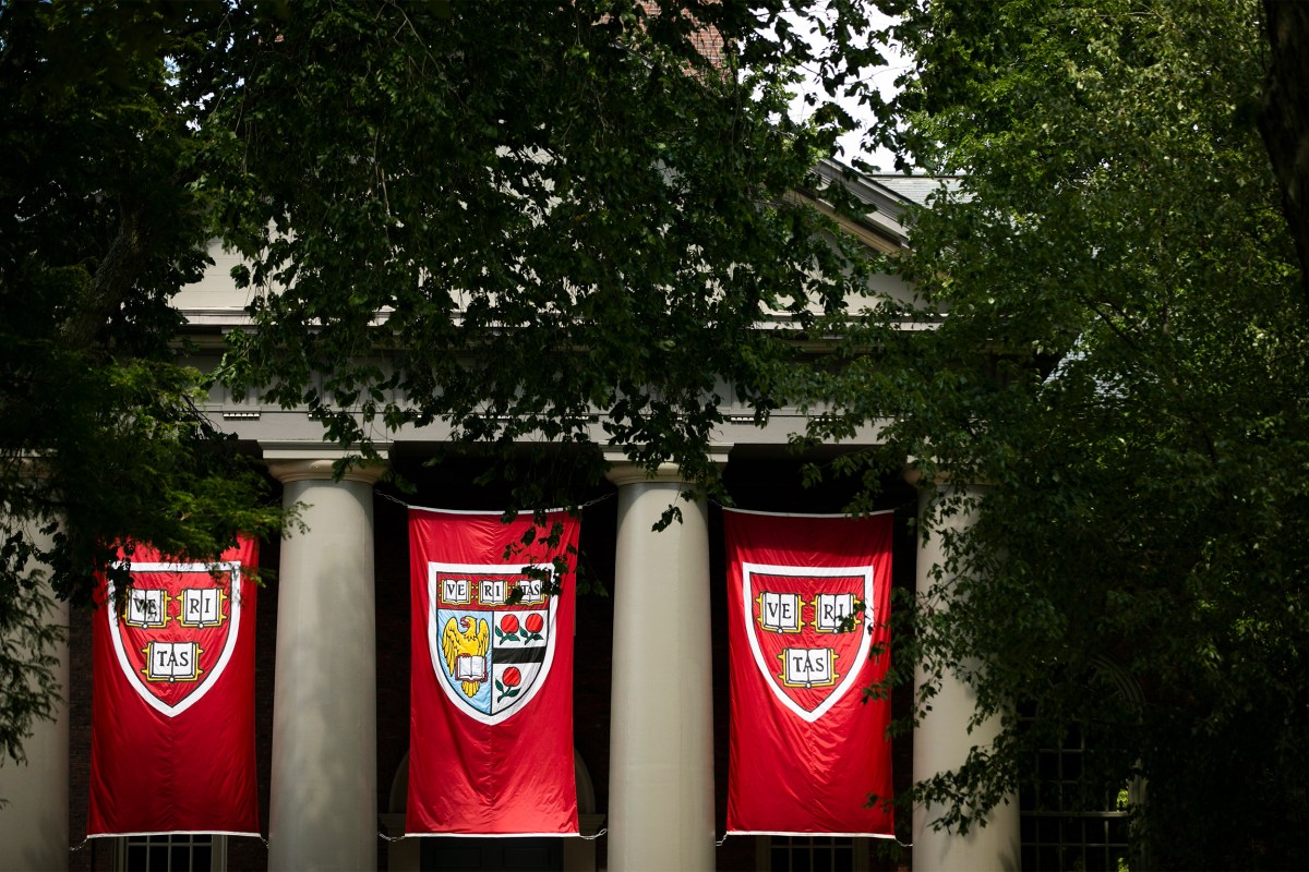 Veritas flags hanging at Harvard's Memorial Church.