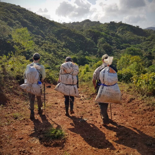 Men walking with collection bags.