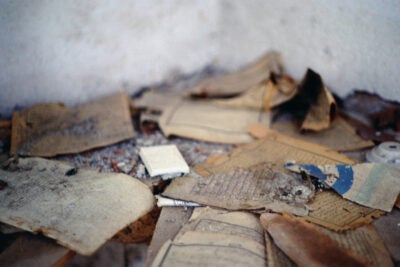 Torn and desecrated religious books and manuscripts.