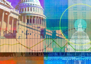 Illustration of stock market and Capitol.