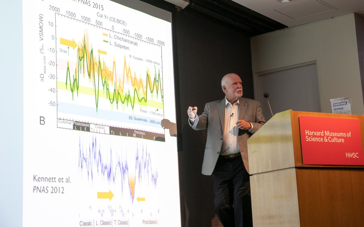 Professor Billie L. Turner standing in front of a slide showing rainfall.