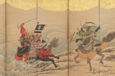 Japanese screen depicts warriors crossing river on horseback.