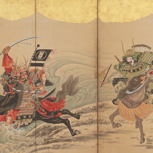 Japanese screen depicts warriors crossing river on horseback.