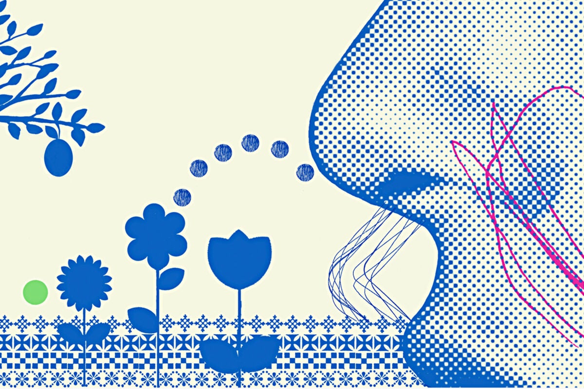 Illustration of a person smelling flowers.