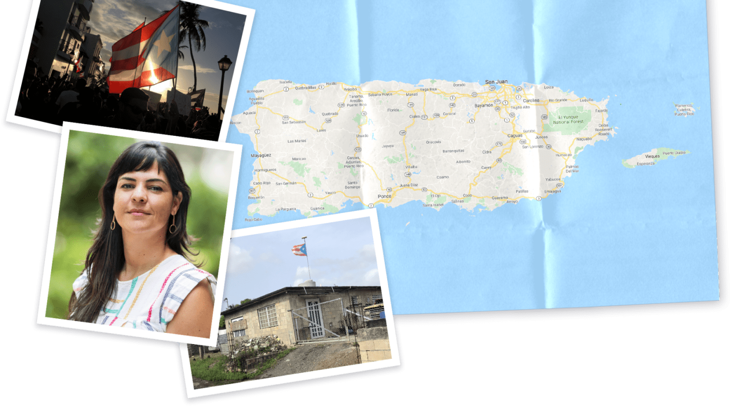Collage of map and images of Puerto Rico and photo of Laura Pérez Sánchez