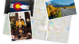 A collage of the Colorado flag, Seonjoon at a podium, and a school bus driving towards the rockies, all on a map of Colorado