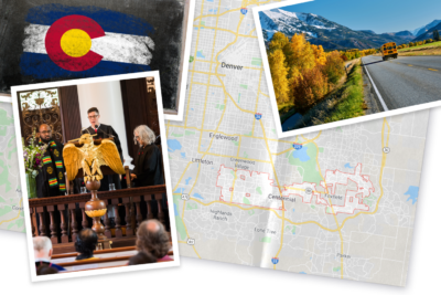 A collage of the Colorado flag, Seonjoon at a podium, and a school bus driving towards the rockies, all on a map of Colorado