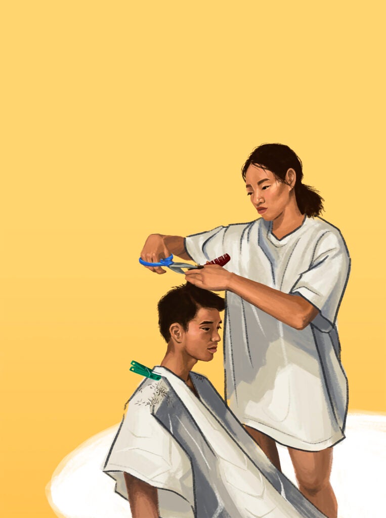 Illustration of woman cutting boy's hair.