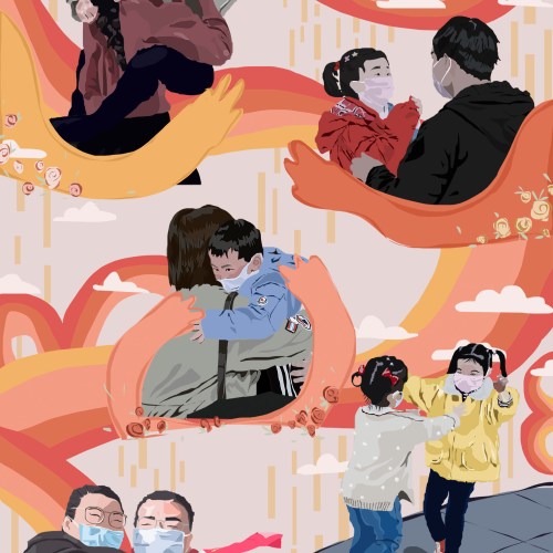 Illustration of families meeting.