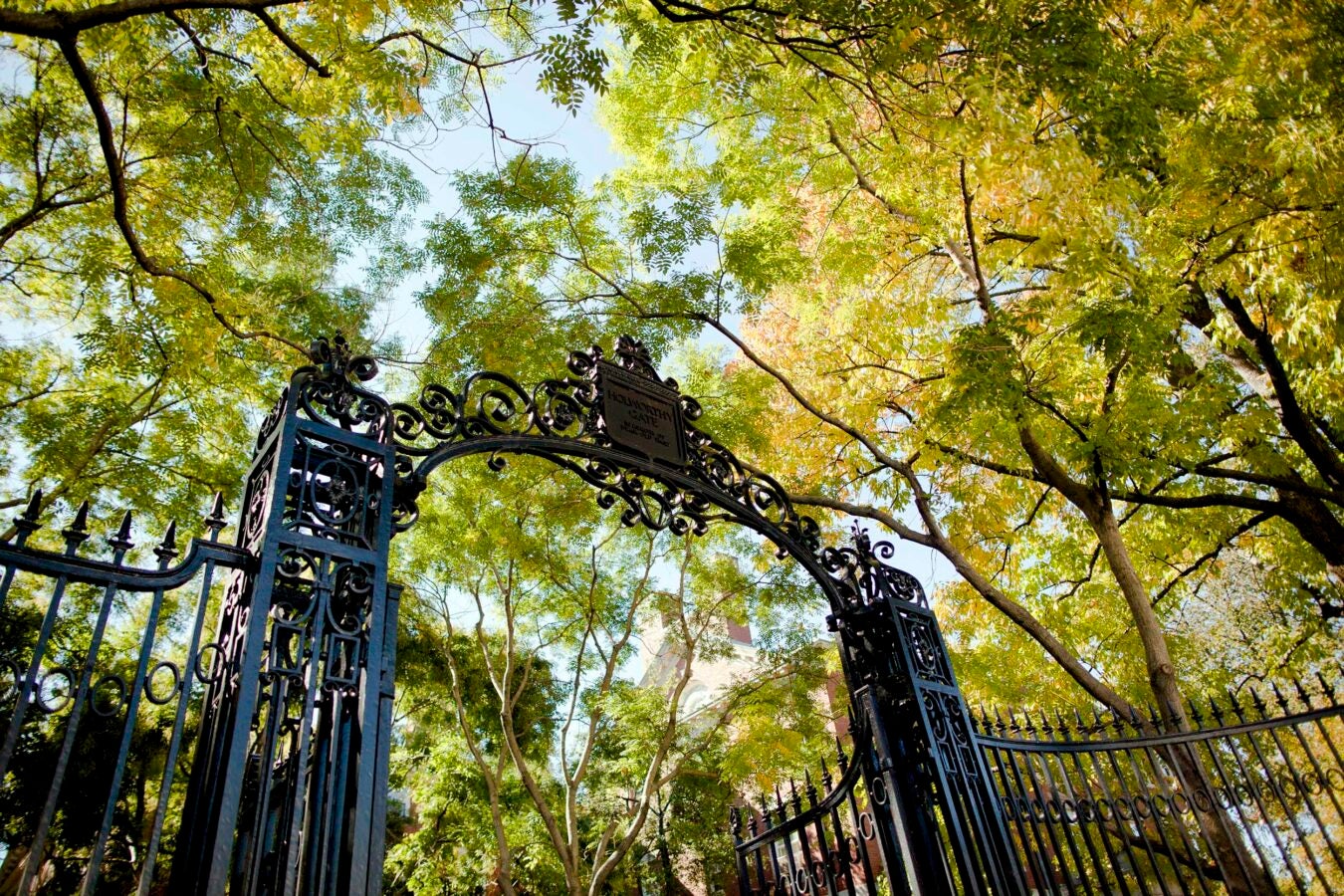 Autumn leaves show their color alongside The Class of 1876 (Holworthy) Gate at Harvard University.