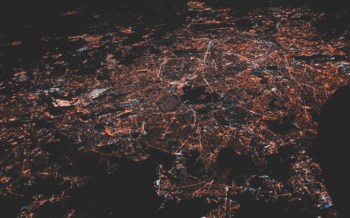 View from above of city network of lights.