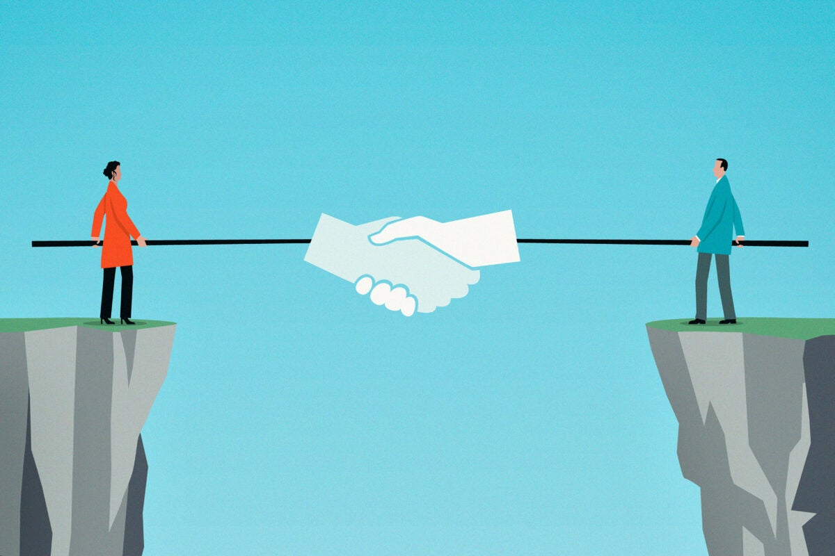 Illustration of two people doing virtual handshake.