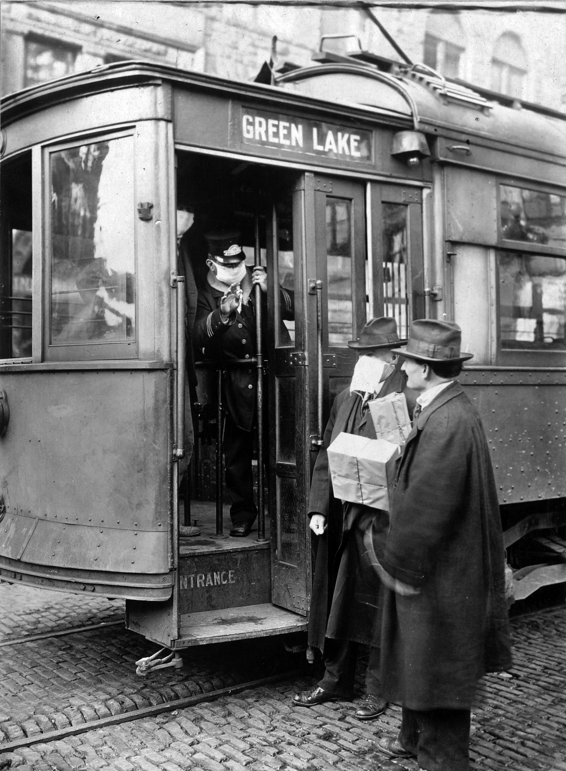 Man refused access to trolly car without a mask.