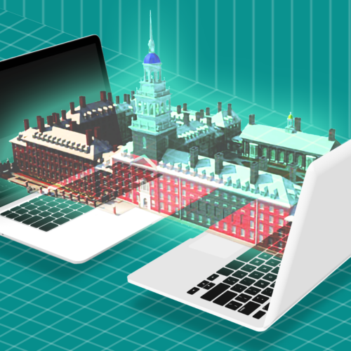 Illustration of laptops projecting 3D campus model.