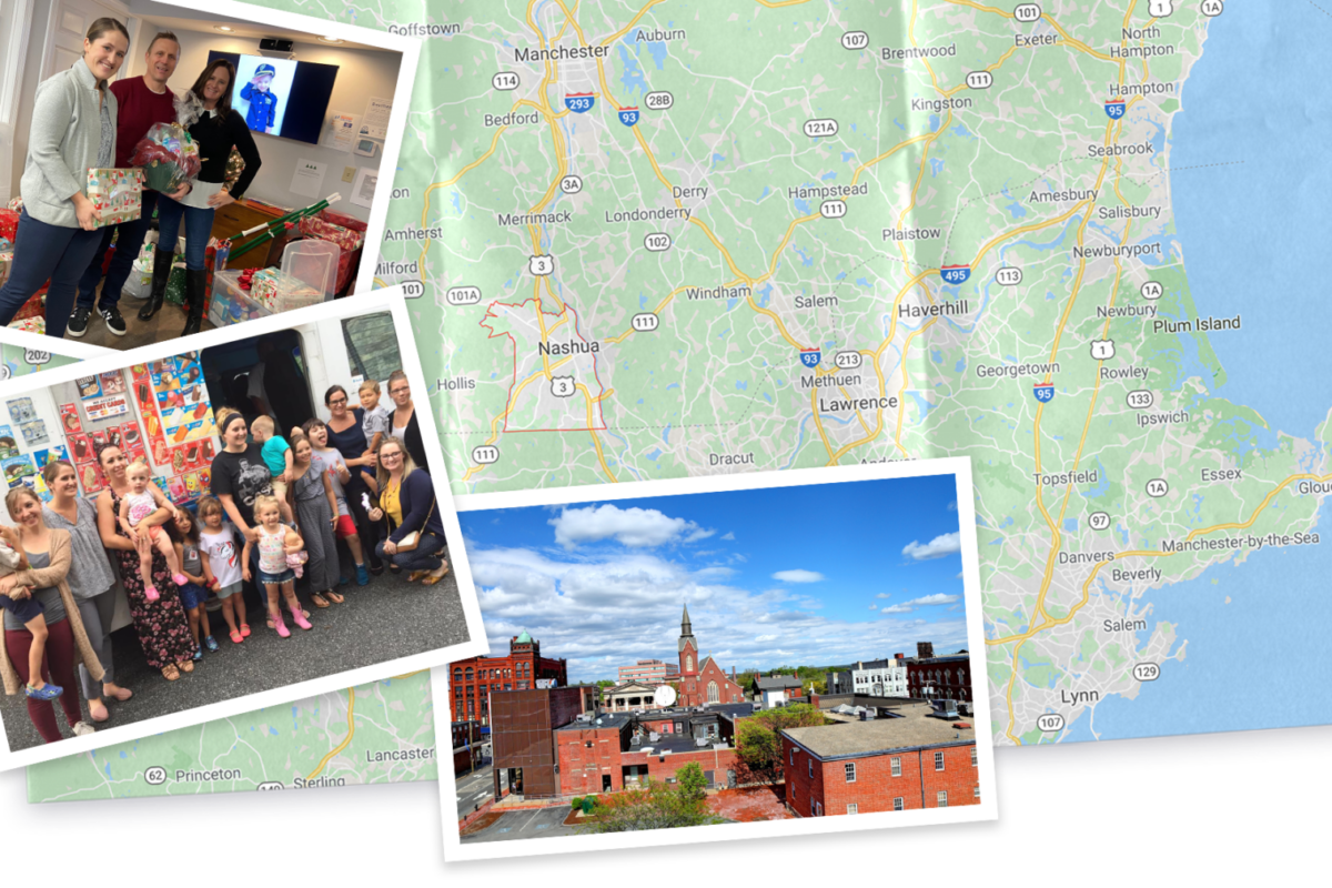 Collage of map and image of New Hampshire, and group photos of participants in Marguerite's Place