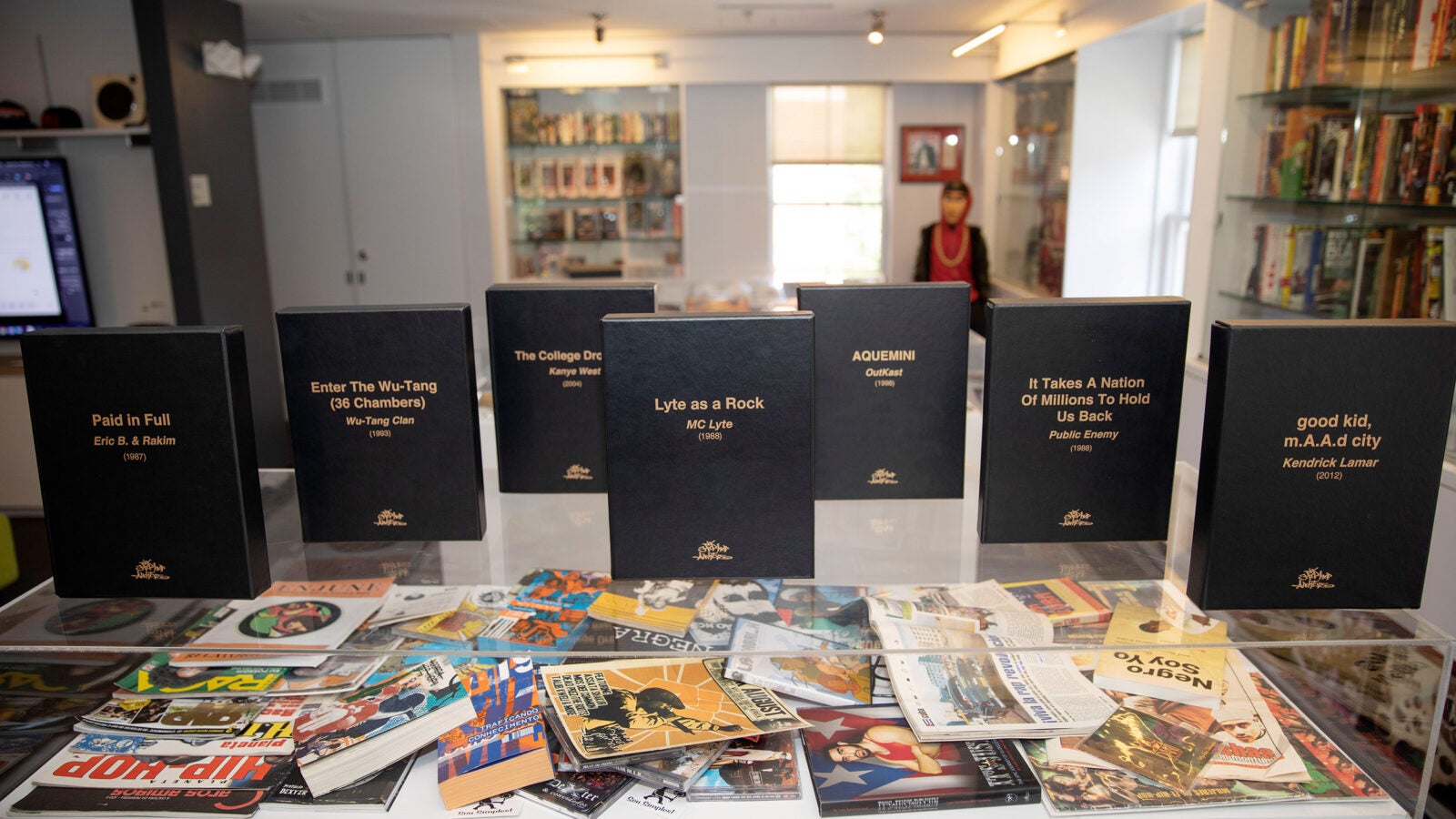 Books, magazine, albums inside Harvard's Hiphop Archive.