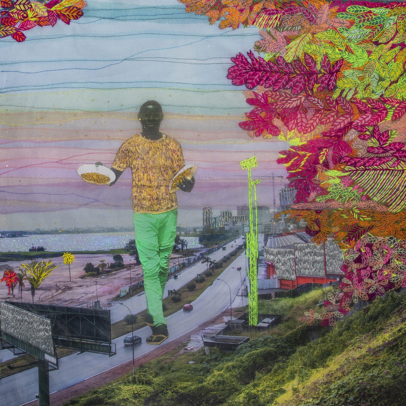 Embroidered photograph of man hovering over city scene surrounded by foliage.