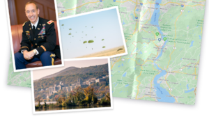 Collage of map and photo of New York and photo of Everett Spain