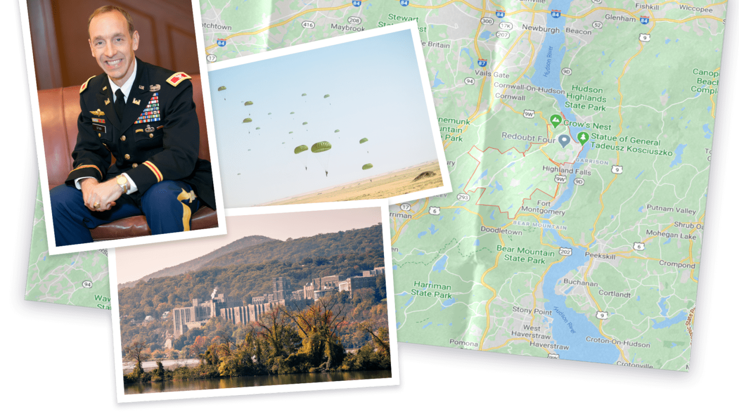 Collage of map and photo of New York and photo of Everett Spain