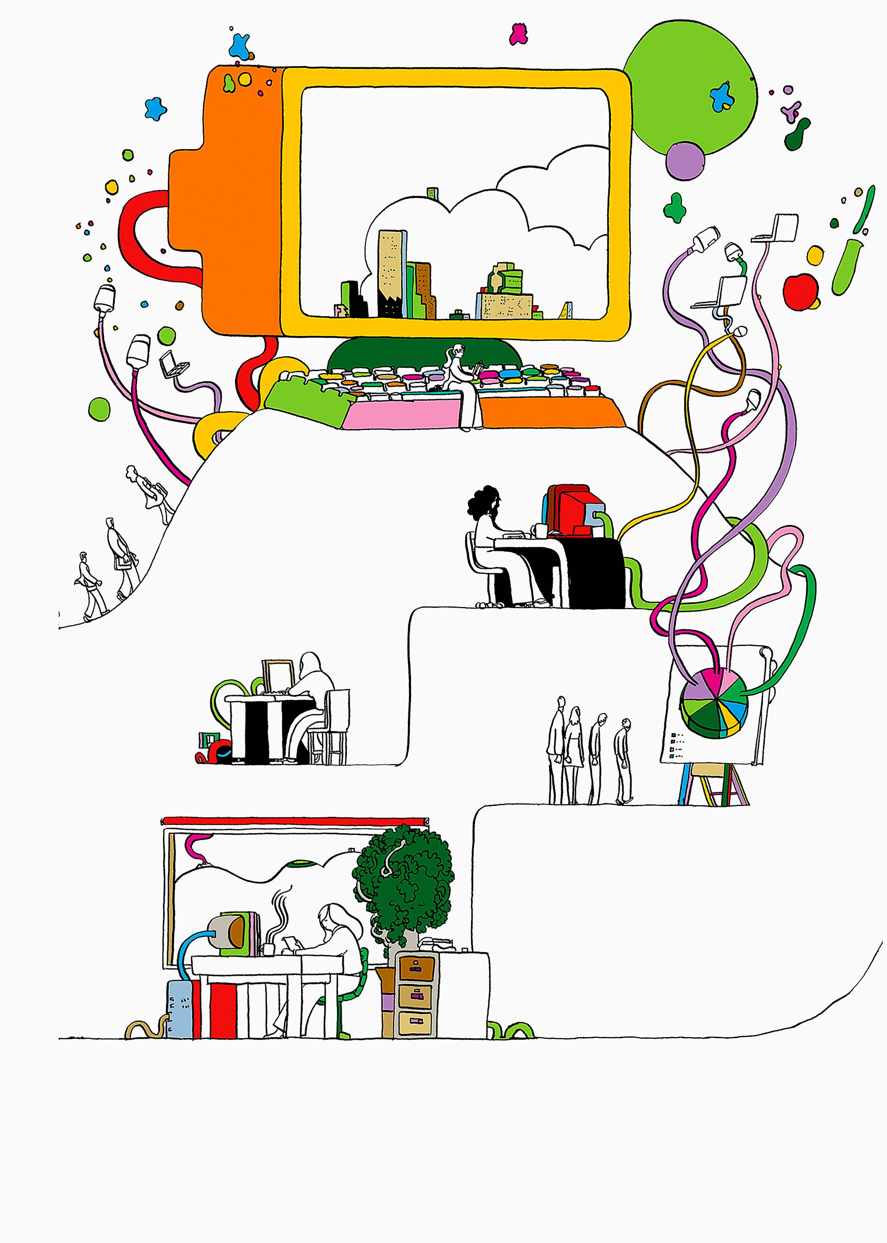 Illustration of students connecting virtually to larger network.