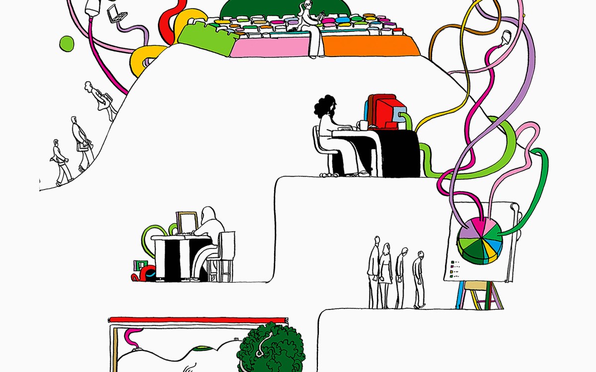 Illustration of students connecting virtually to larger network.