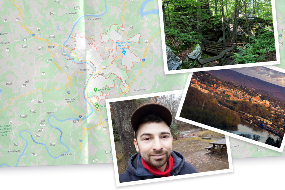 A collage with pics of West Virginia, a pic of Benny hiking, all on a map of West Virginia