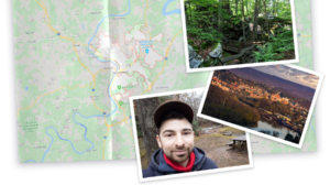 A collage with pics of West Virginia, a pic of Benny hiking, all on a map of West Virginia