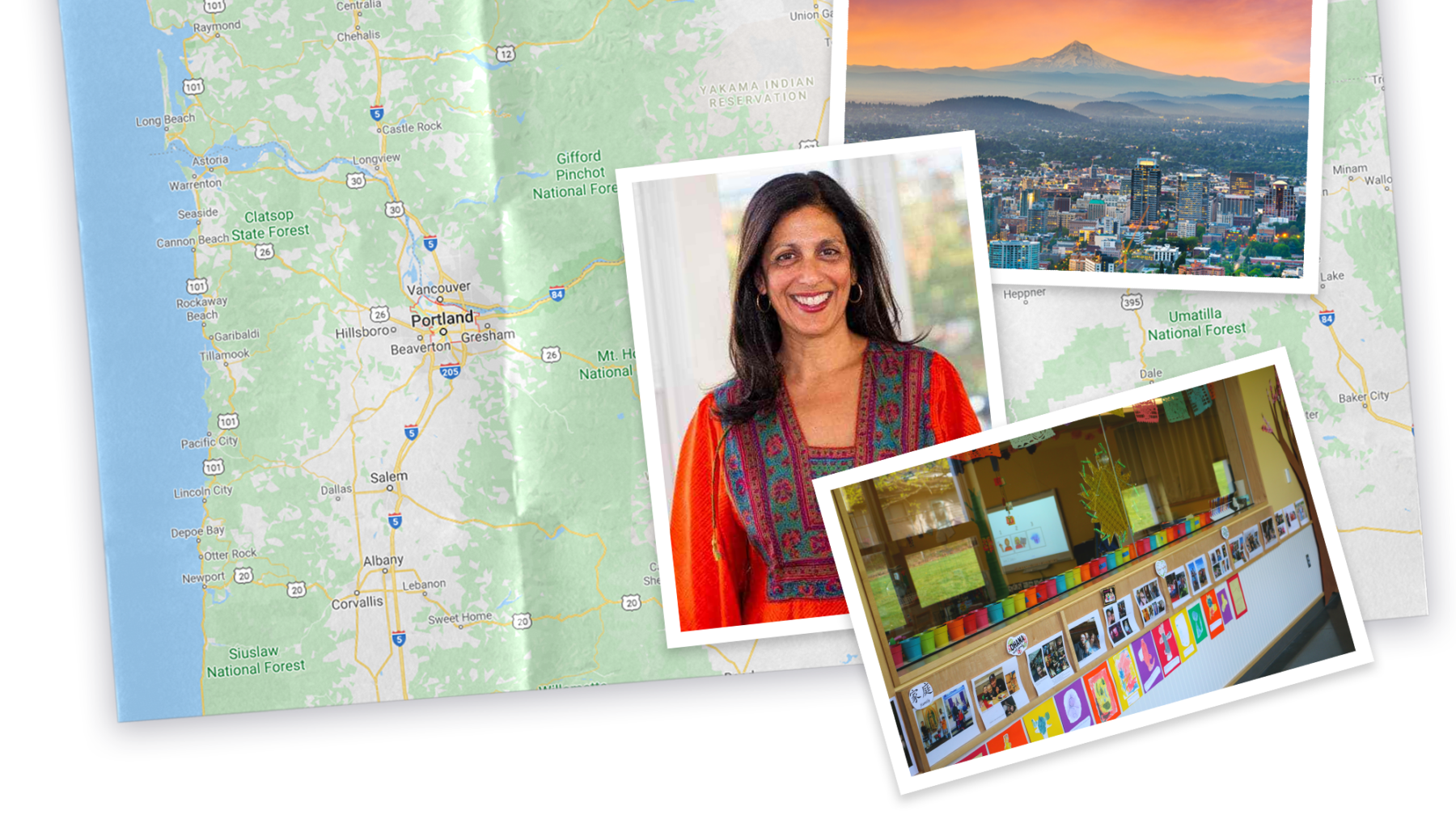 Collage of map and photos of Oregon and photo of Swati Adarkar