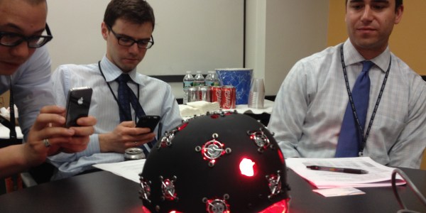 Researchers with helmet.