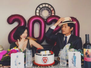 Anna and Myungin Lee celebrating their graduation at home in NY in May 2020.