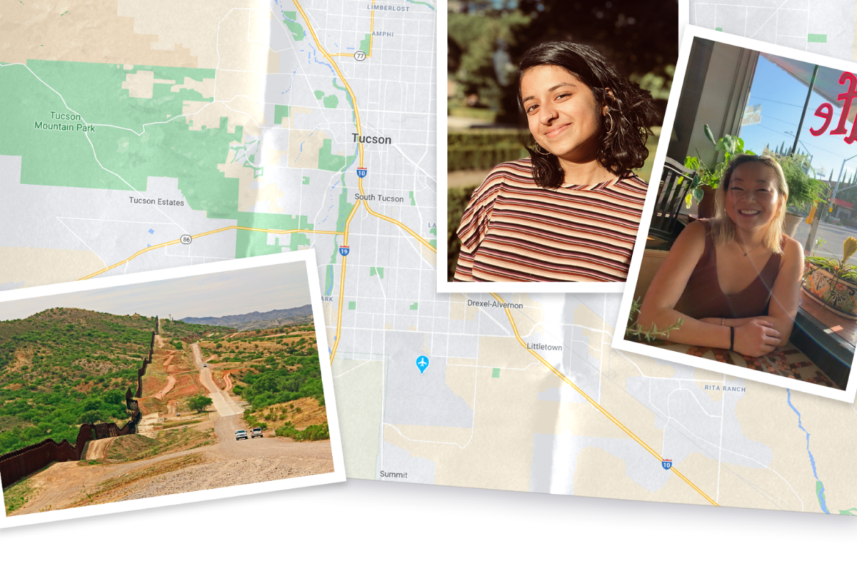 Collage of map and images of Arizona and photo of Vivekae Kim and Meena Venkataramanan