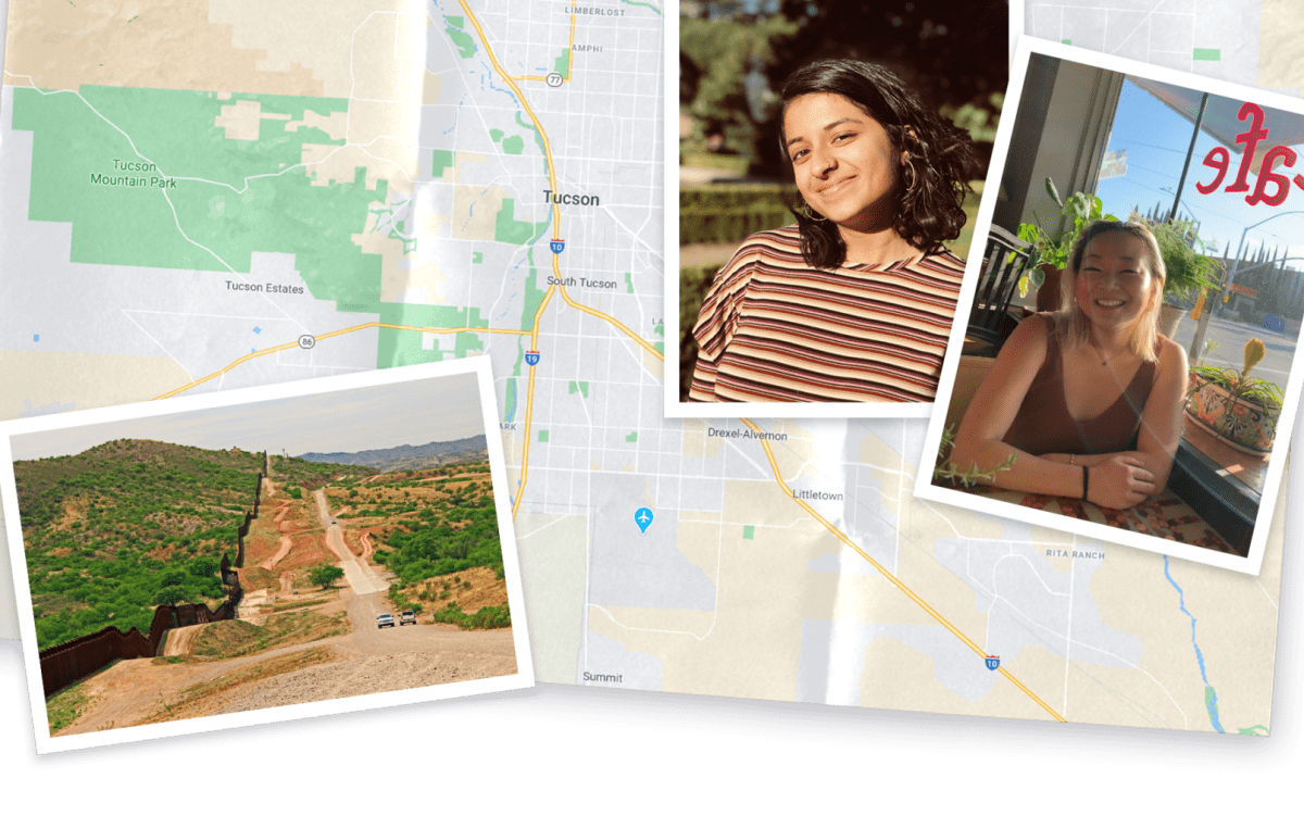 Collage of map and images of Arizona and photo of Vivekae Kim and Meena Venkataramanan