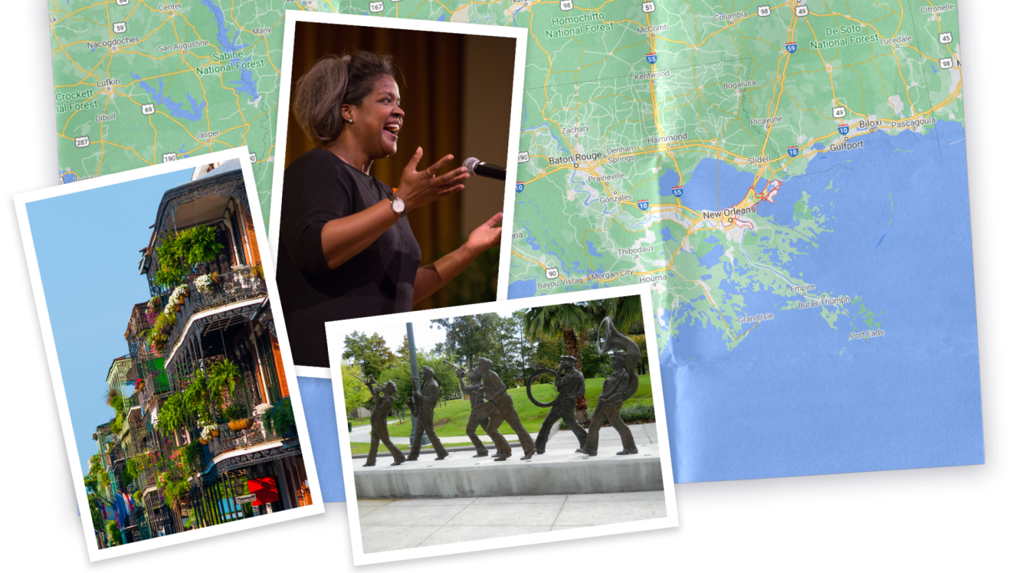 Collage of map of Louisiana and photo of Gwen Thompkins
