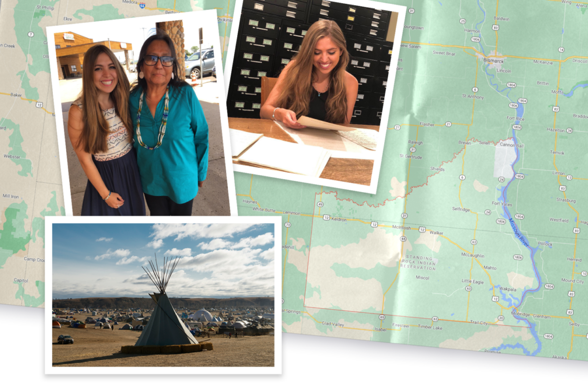 Collage of map and image of North Dakota and photos of Sarah Sadlier