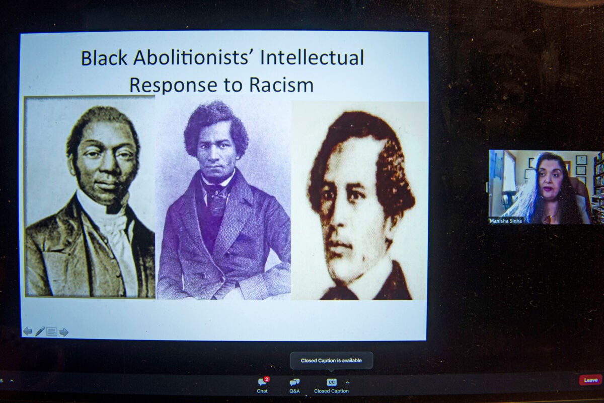 Zoom screen with James W.C. Pennington, Frederick Douglass, and William Wells Brown.