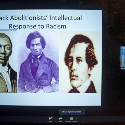 Zoom screen with James W.C. Pennington, Frederick Douglass, and William Wells Brown.