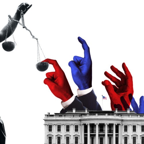 Illustration of presidents tipping scales of justice.